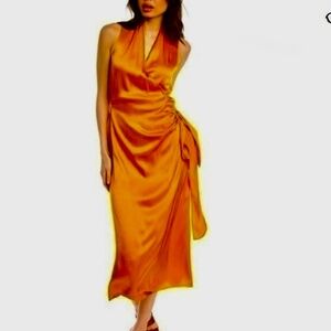 Vince Satin Elegant Orange Wrap Dress Size L